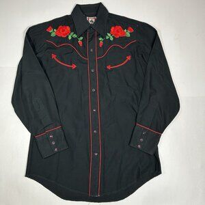 Vtg Chute #1 Men Western Shirt Black Embroidered Red Roses Pearl Snap Sz M ?!